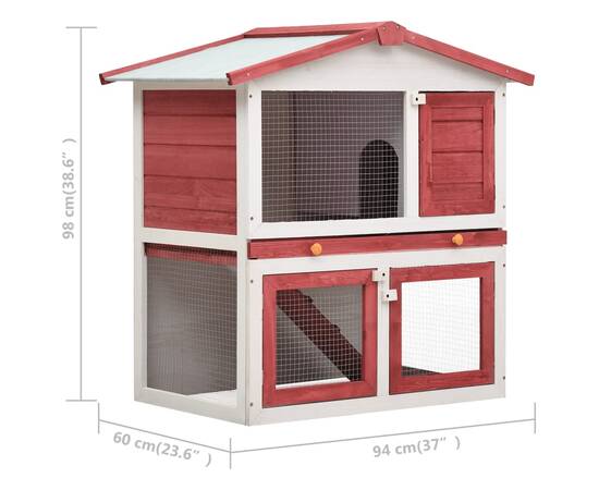Cușcă de iepuri pentru exterior, 3 uși, roșu, lemn, 7 image