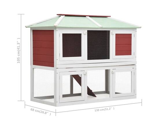 Cușcă pentru iepuri și alte animale, 2 niveluri, roșu, lemn, 7 image