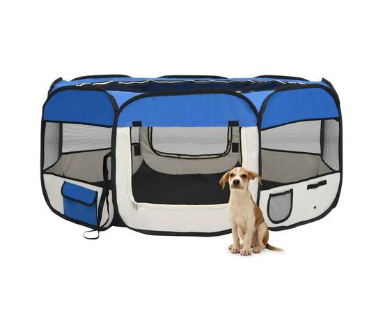 Țarc câini pliabil cu sac de transport, albastru, 145x145x61 cm