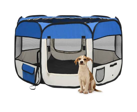 Țarc joacă pliabil câini cu sac de transport albastru 110x110x58 cm