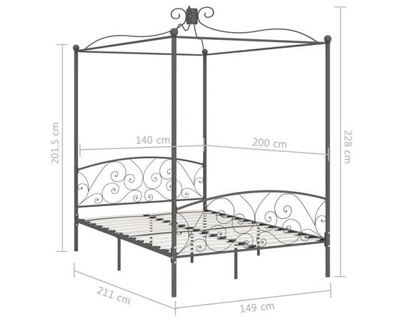 Cadru de pat cu baldachin, gri, 140 x 200 cm, metal, 6 image