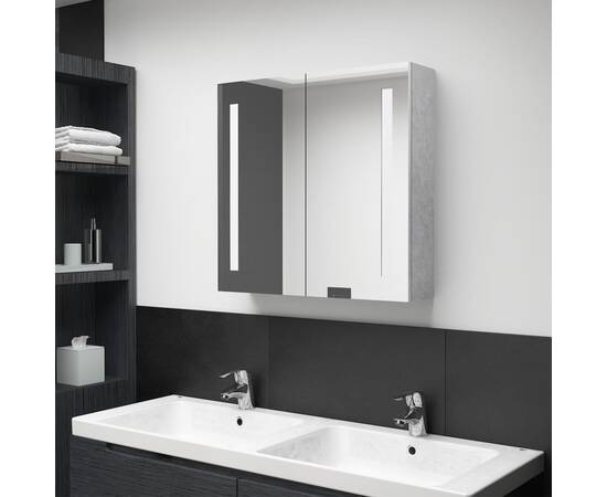 Dulap de baie cu oglindă și led, gri beton, 62x14x60 cm