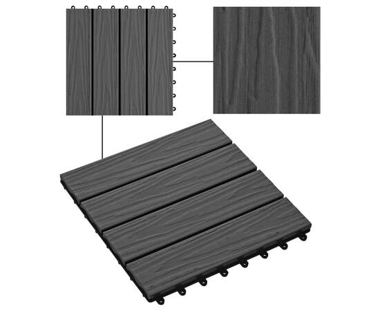 Plăci podea în relief, wpc, 11 buc., 30 x 30 cm, 1 mp, negru, 4 image