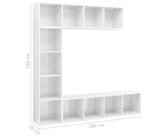 Set bibliotecă tv, 3 piese, alb foarte lucios, 180x30x180 cm, 6 image