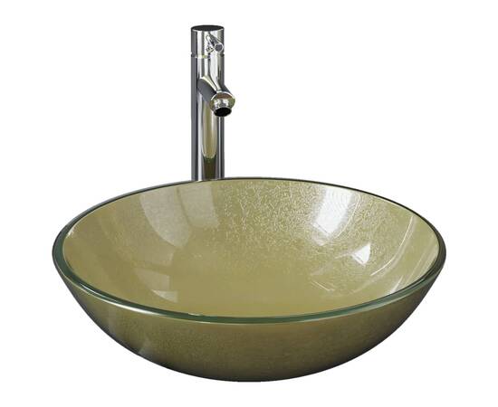 Chiuvetă baie, robinet și scurgere tip push auriu sticlă călită, 2 image