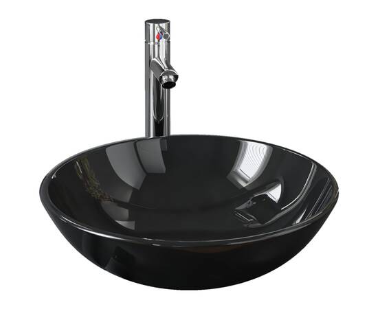 Chiuvetă baie cu robinet&scurgere cu apăsare, sticlă neagră, 2 image