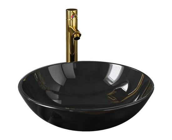 Chiuvetă baie robinet și scurgere tip push, negru sticlă călită, 2 image