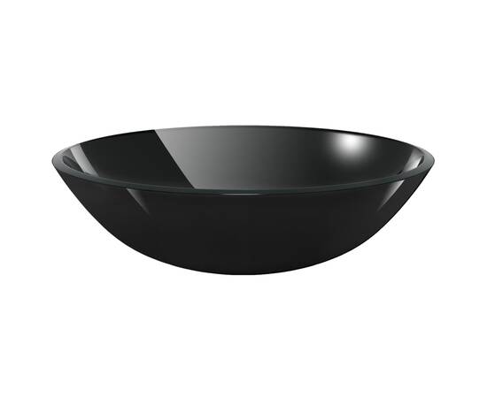 Chiuvetă baie robinet și scurgere tip push, negru sticlă călită, 7 image