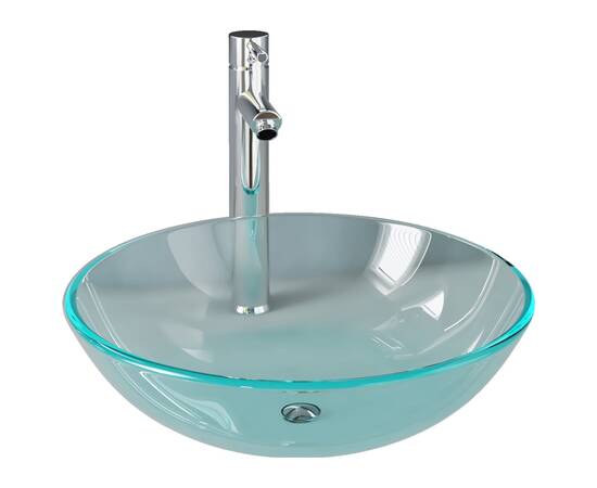 Chiuvetă baie robinet și scurgere tip push, transparent sticlă, 2 image