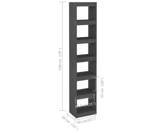 Bibliotecă/separator cameră, gri, 40x30x199 cm, lemn masiv pin, 8 image