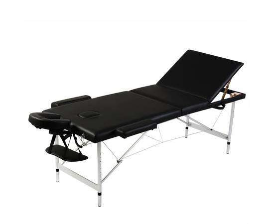Masă de masaj pliabilă 3 părți cadru din aluminiu negru