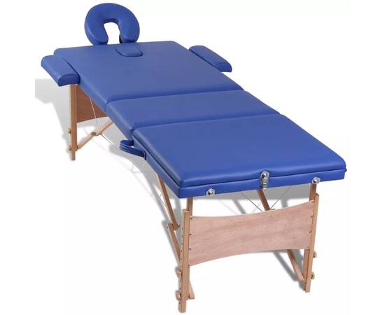Masă de masaj pliabilă 3 părți cadru din lemn albastru, 7 image