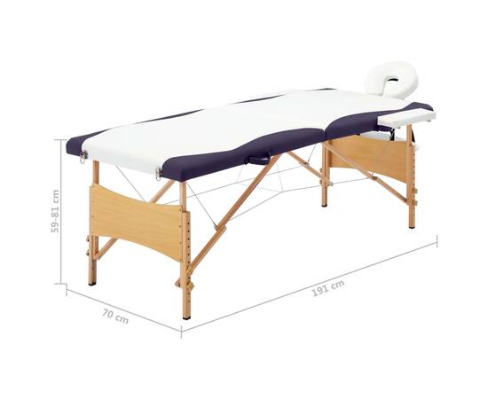 Masă de masaj pliabilă, 2 zone, alb și violet, lemn, 9 image