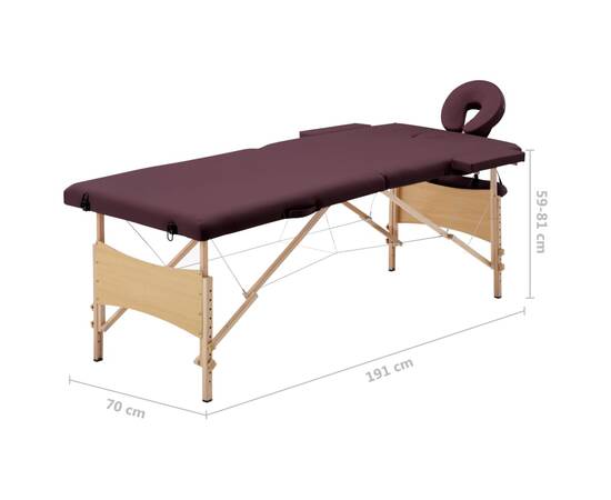Masă de masaj pliabilă, 2 zone, violet vin, lemn, 9 image