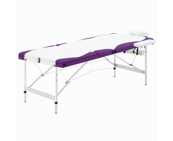Masă de masaj pliabilă, 3 zone, alb și violet, aluminiu