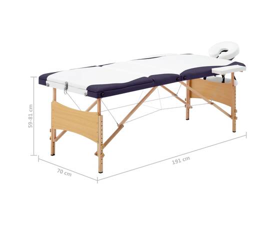 Masă de masaj pliabilă, 3 zone, alb și violet, lemn, 10 image