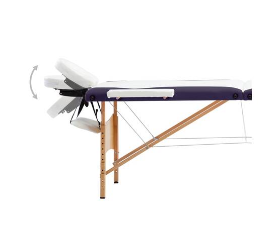 Masă de masaj pliabilă, 3 zone, alb și violet, lemn, 6 image