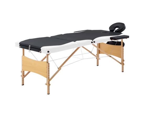 Masă de masaj pliabilă, 3 zone, negru și alb, lemn