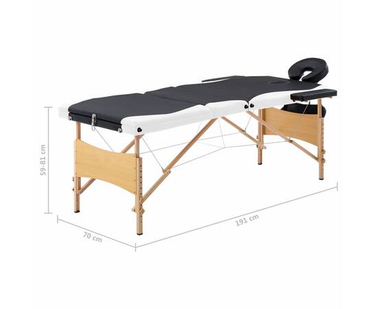 Masă de masaj pliabilă, 3 zone, negru și alb, lemn, 10 image