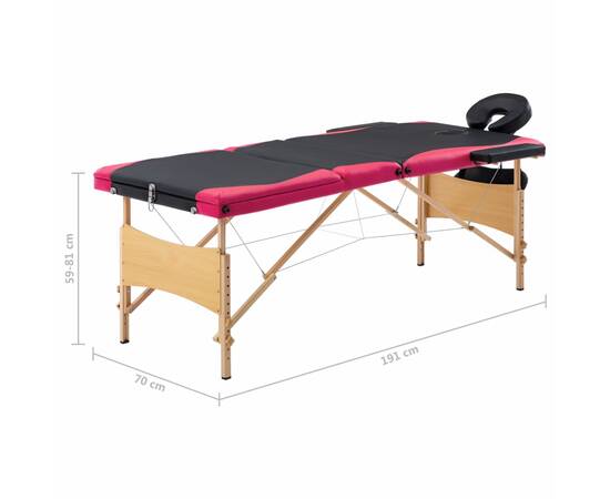 Masă de masaj pliabilă, 3 zone, negru și roz, lemn, 10 image