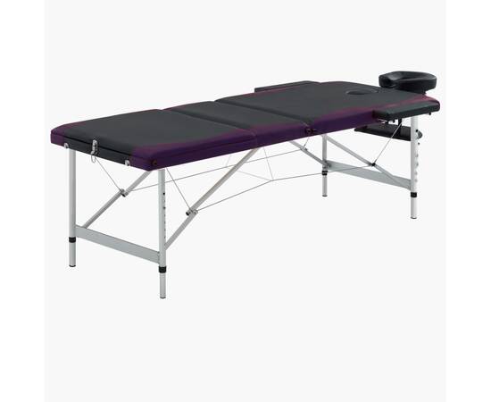 Masă de masaj pliabilă, 3 zone, negru și violet, aluminiu
