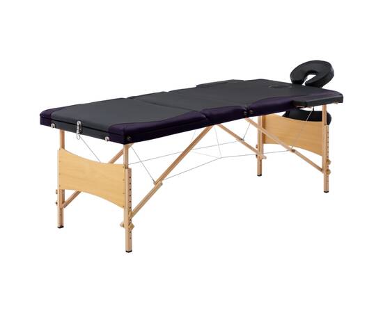Masă de masaj pliabilă, 3 zone, negru și violet, lemn