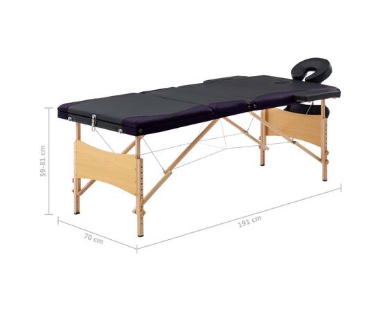 Masă de masaj pliabilă, 3 zone, negru și violet, lemn, 10 image