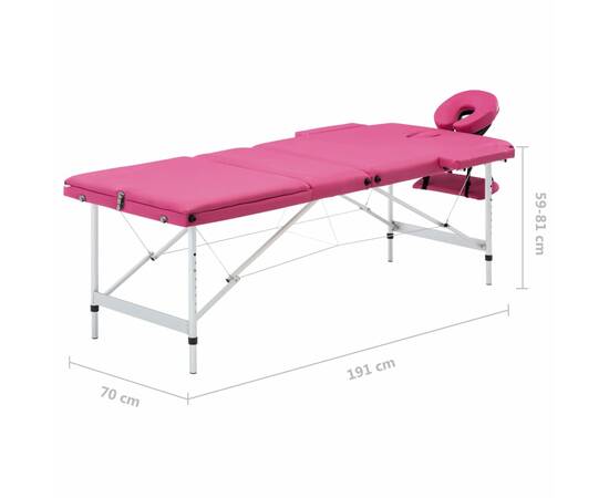 Masă de masaj pliabilă, 3 zone, roz, aluminiu, 9 image