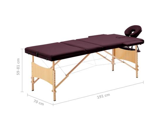 Masă de masaj pliabilă, 3 zone, violet vin, lemn, 9 image