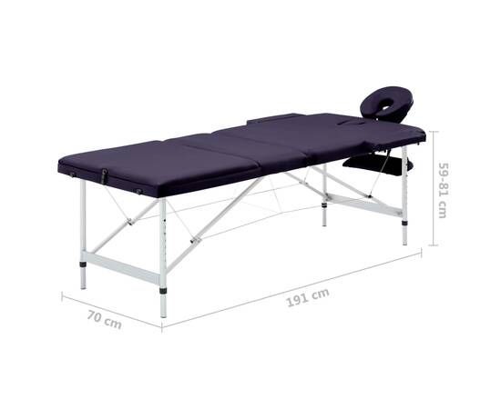 Masă de masaj pliabilă cu 3 zone, violet, aluminiu, 9 image