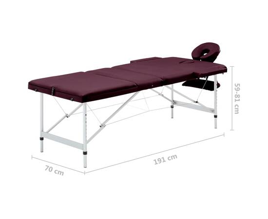 Masă de masaj pliabilă cu 3 zone, violet vin, aluminiu, 9 image