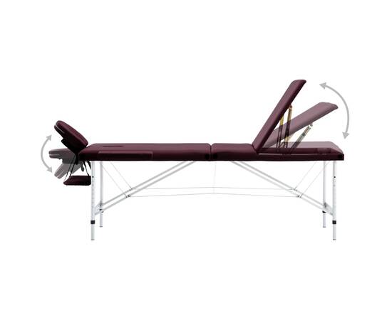 Masă de masaj pliabilă cu 3 zone, violet vin, aluminiu, 3 image