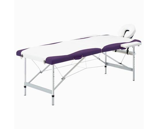 Masă pliabilă de masaj, 2 zone, alb și violet, aluminiu