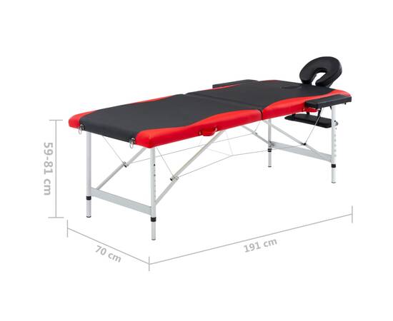 Masă pliabilă de masaj, 2 zone, aluminiu, negru și roșu, 9 image
