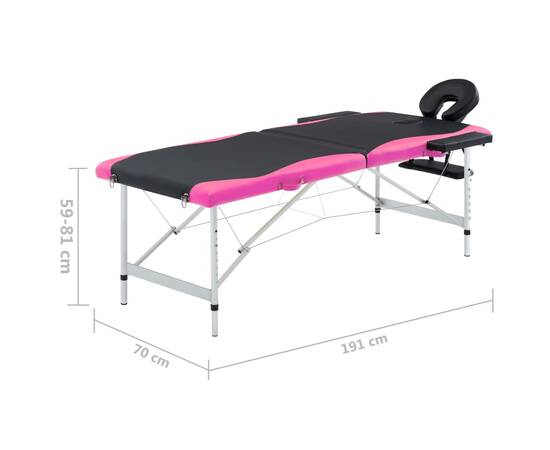 Masă pliabilă de masaj, 2 zone, aluminiu, negru și roz, 9 image