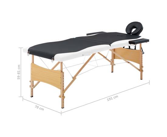 Masă pliabilă de masaj, 2 zone, negru și alb, lemn, 9 image