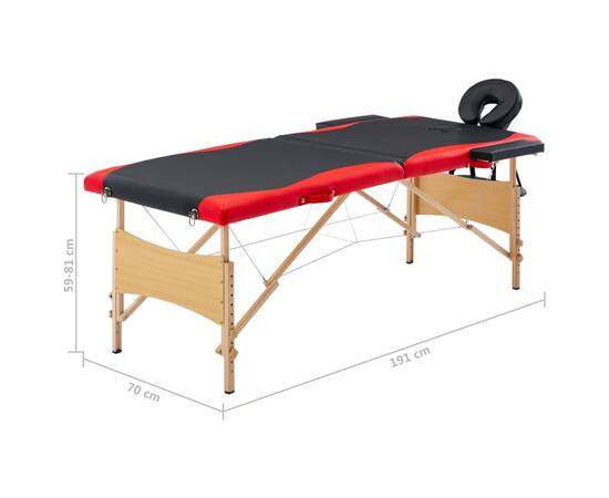 Masă pliabilă de masaj, 2 zone, negru și roșu, lemn, 9 image