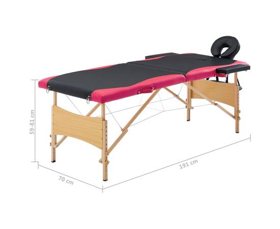 Masă pliabilă de masaj, 2 zone, negru și roz, lemn, 9 image
