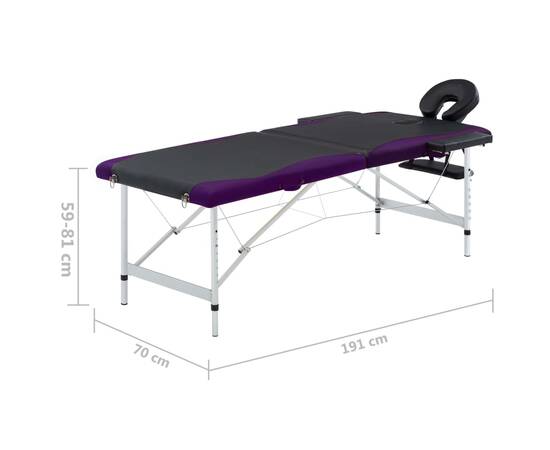 Masă pliabilă de masaj, 2 zone, negru și violet, aluminiu, 9 image