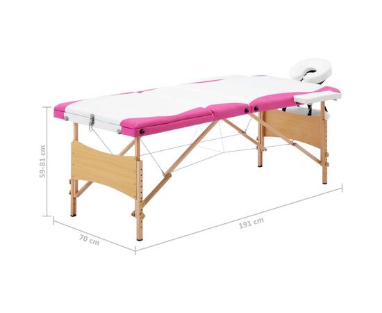 Masă pliabilă de masaj, 3 zone, alb și roz, lemn, 10 image