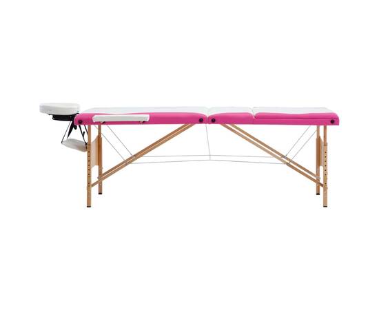 Masă pliabilă de masaj, 3 zone, alb și roz, lemn, 2 image