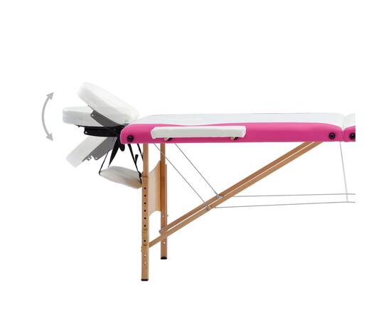Masă pliabilă de masaj, 3 zone, alb și roz, lemn, 5 image