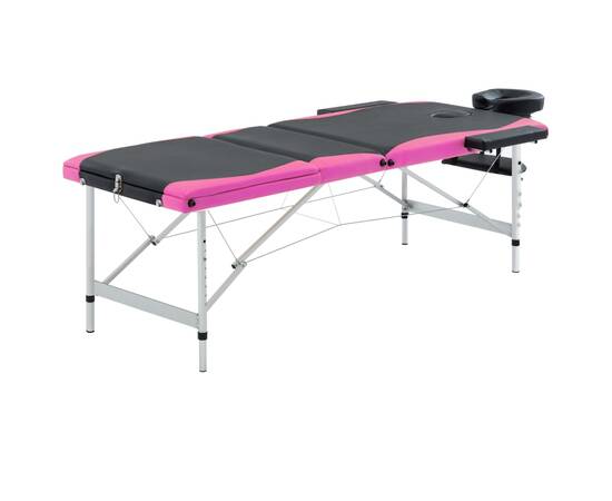 Masă pliabilă de masaj, 3 zone, negru și roz, aluminiu
