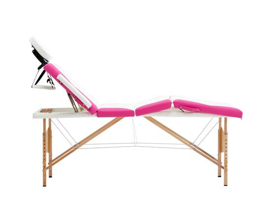 Masă pliabilă de masaj, 4 zone, alb și roz, lemn, 2 image