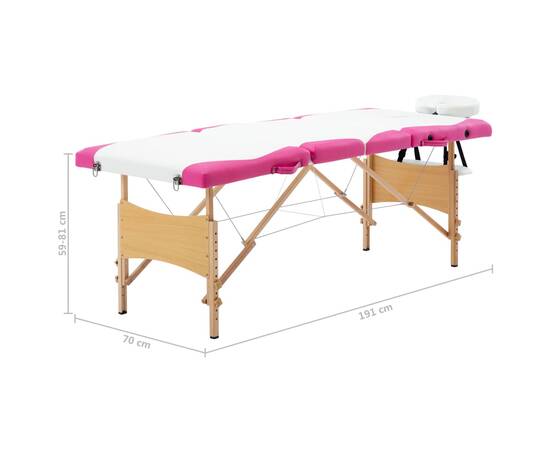 Masă pliabilă de masaj, 4 zone, alb și roz, lemn, 10 image