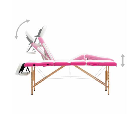 Masă pliabilă de masaj, 4 zone, alb și roz, lemn, 5 image
