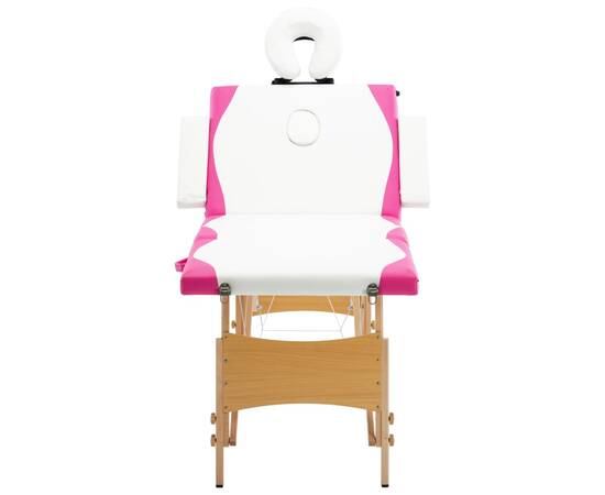 Masă pliabilă de masaj, 4 zone, alb și roz, lemn, 3 image