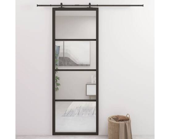Ușă glisantă, negru, 76x205 cm, aluminiu și sticlă esg