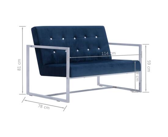Canapea cu 2 locuri cu brațe, albastru, crom și catifea, 8 image