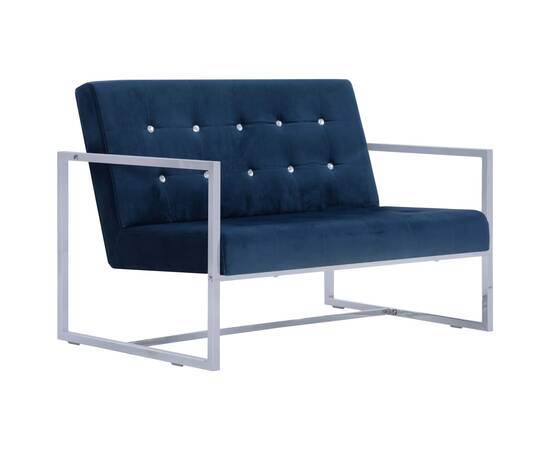 Canapea cu 2 locuri cu brațe, albastru, crom și catifea, 2 image